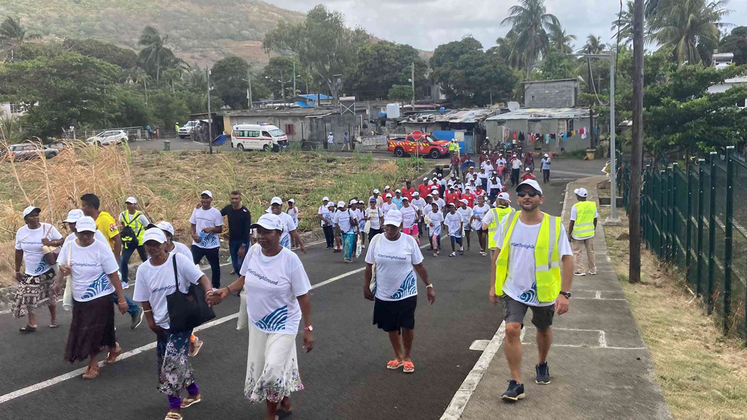 Local communities walk their tsunami evacuation route in the in the Quatre-Sœurs area in Mauritius