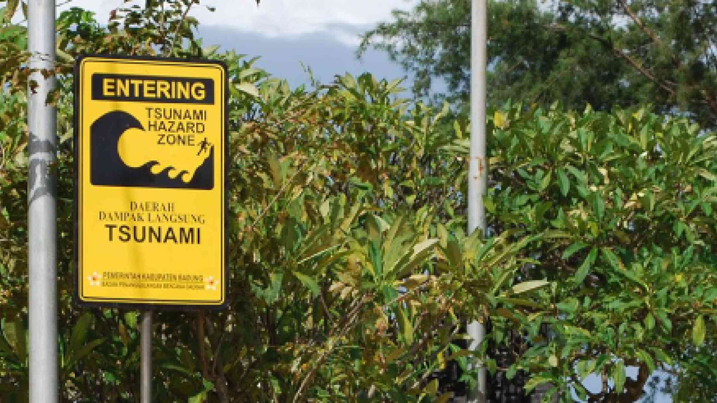 Warning sign reading "Tsunami hazard zone"